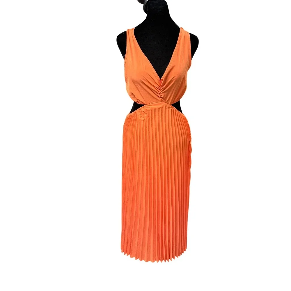Orange Cut Out Pleated V-Neck Maxi Dress Sleeveless Summer Vacation Large Cruise - Picture 1 of 12